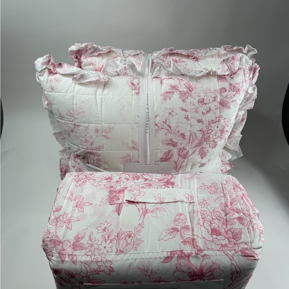 2 Elegant Pink Floral Euro Shams Ruffles Cabbages & Roses London ~ Raspberry - Picture 12 of 16